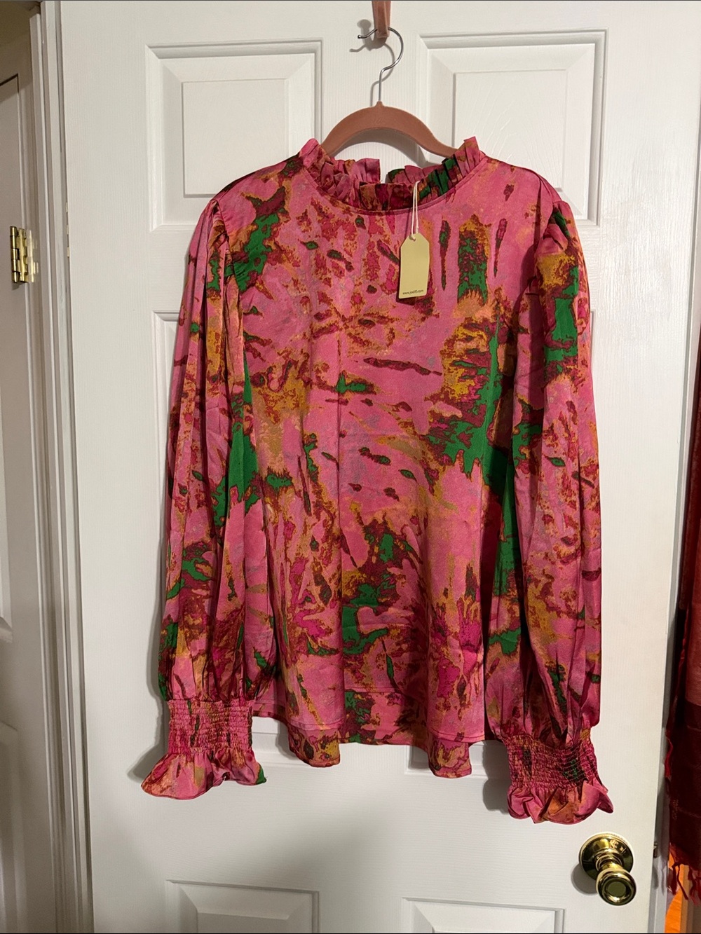 JODIFL Pink Multicolor Ruffle-Neck Long Sleeve Blouse